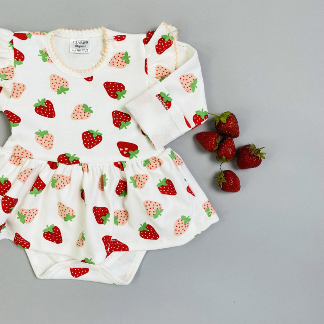 Боди-платье, белое, Клубнички