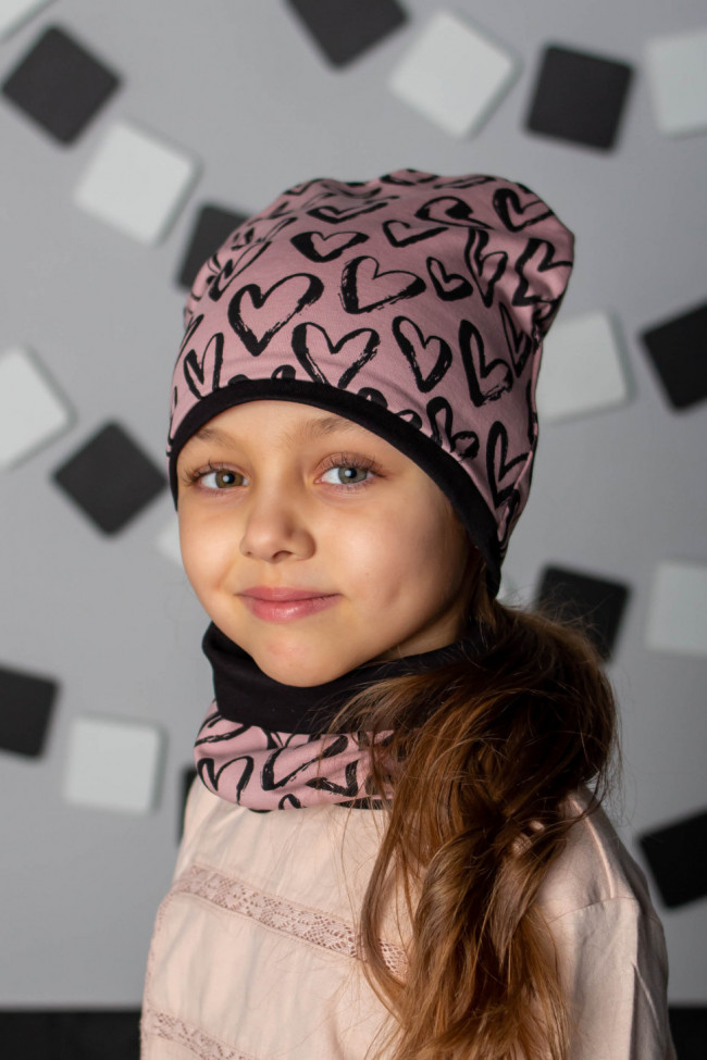 Комплект, шапка и снуд, Love, пудровый