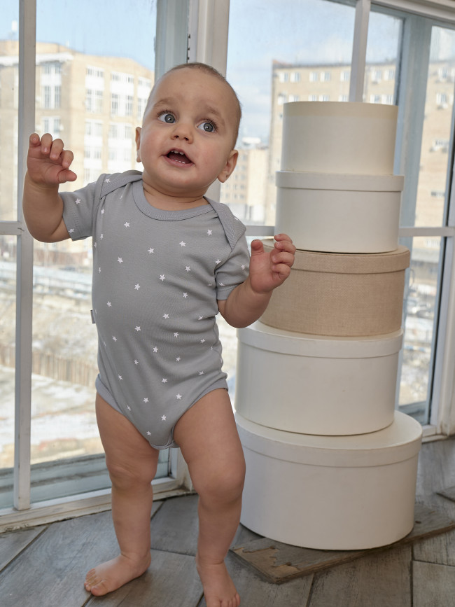 Набор боди лодочек с коротким рукавом, Звездочки, серый