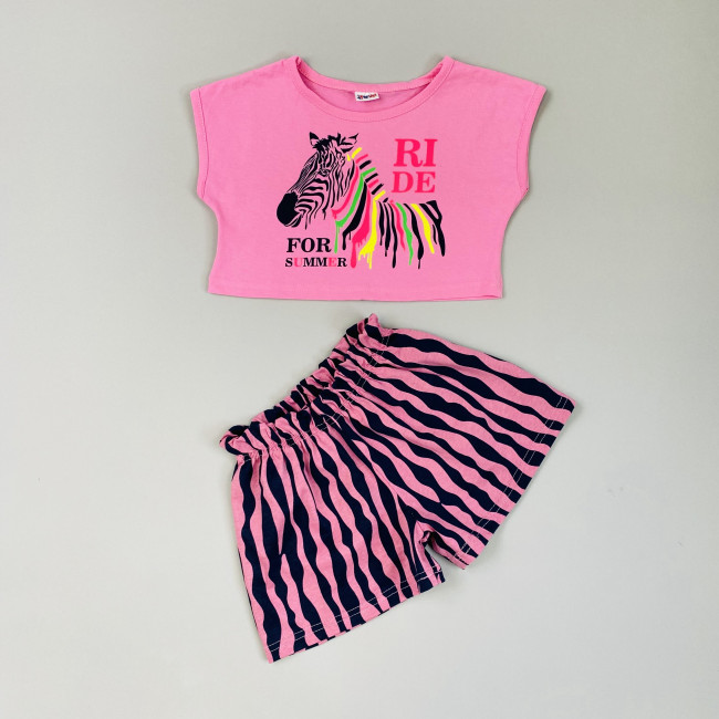 Комплект для девочки розовый, Зебра (кроп-топ и шорты) Комплект для девочки розовый, Зебра (кроп-топ и шорты)