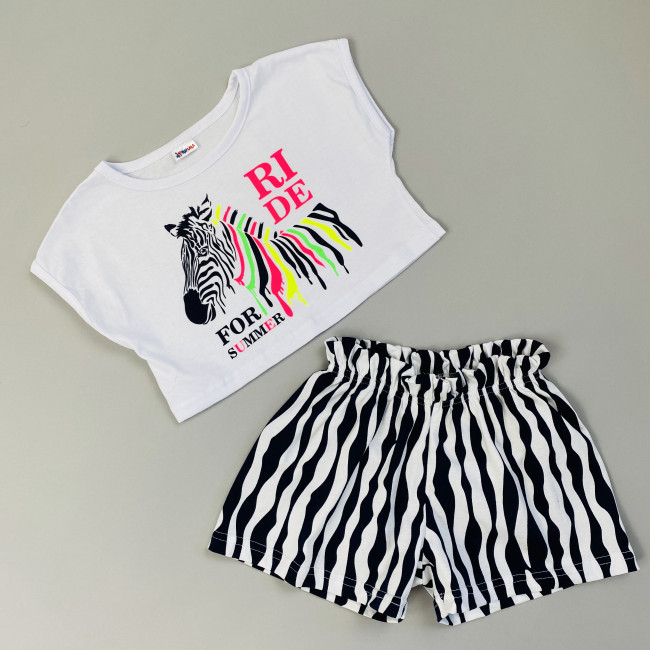 Комплект для девочки белый, Зебра (кроп-топ и шорты)