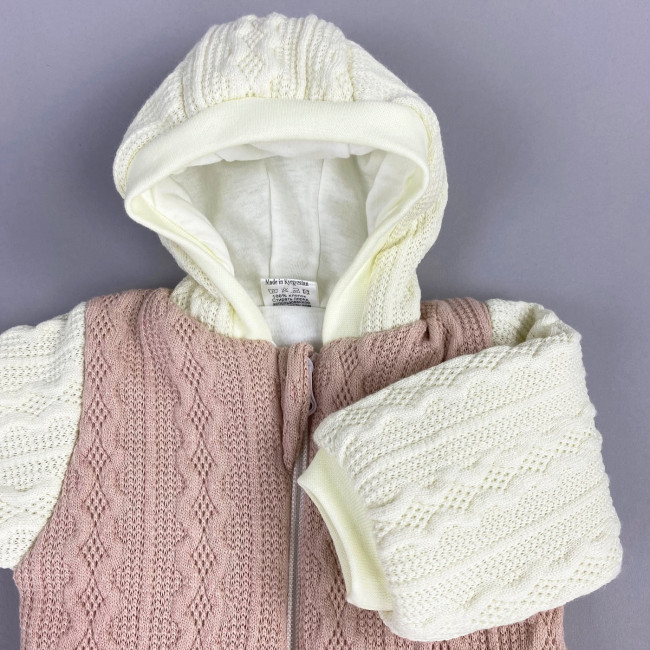 Комбинезон утепленный, розовый/белый, Плетённые ромбы Комбинезон утепленный, розовый/белый, Плетённые ромбы