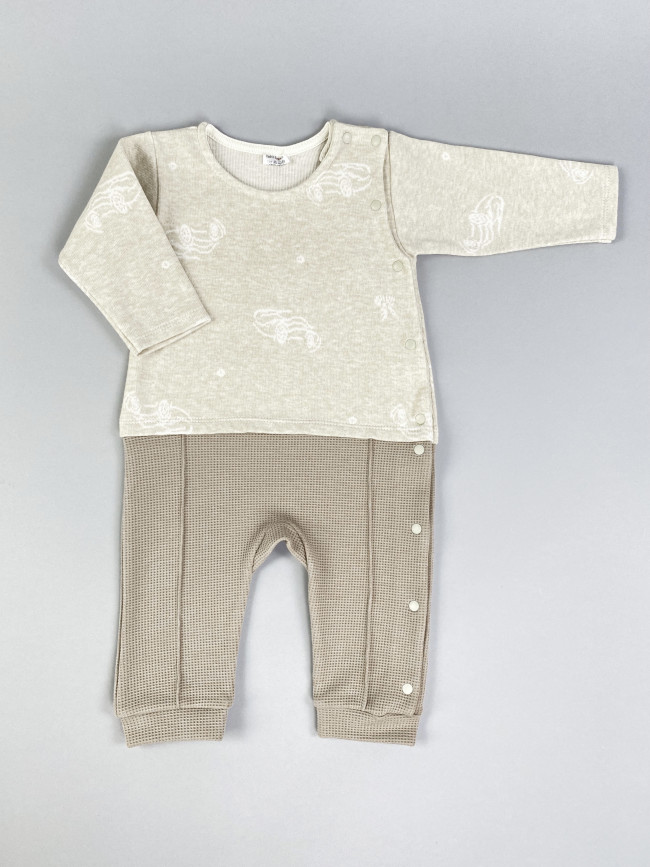 Комбинезон для мальчика комбинированный в клеточку, бежевый, Машинки