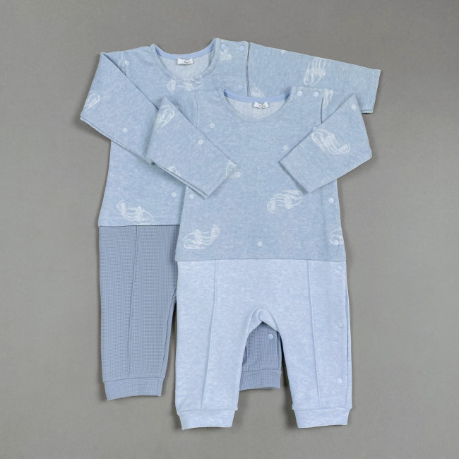 Комбинезон для мальчика комбинированный в клеточку, голубой, Машинки