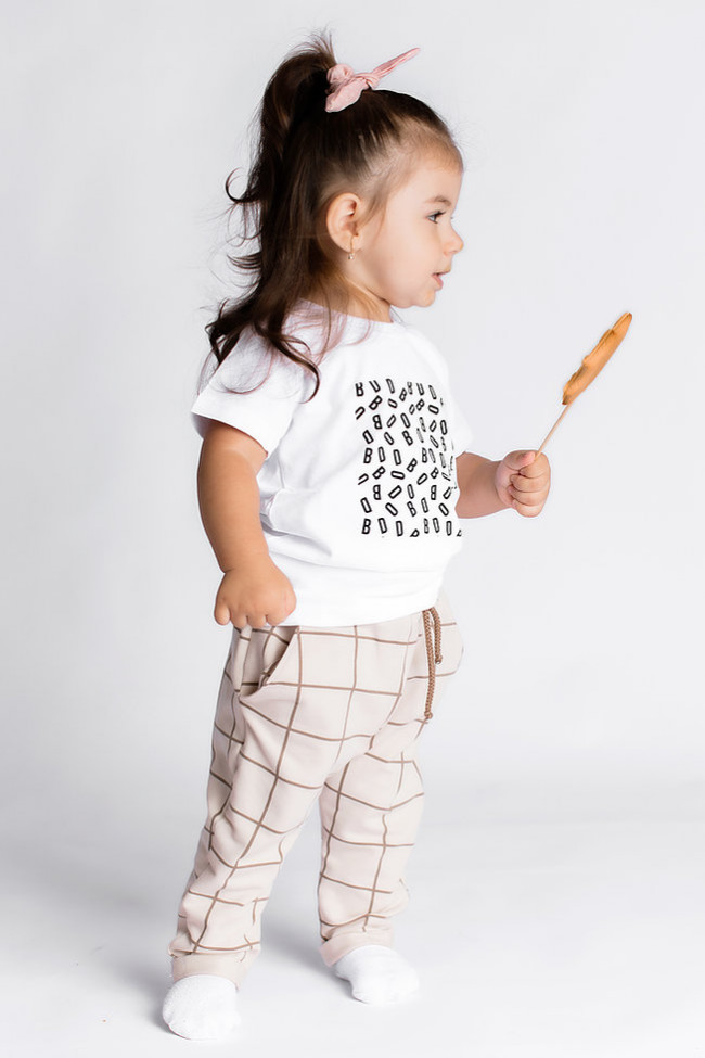 Брюки клетчатые с карманами, молочные Брюки клетчатые с карманами, молочные