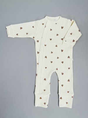Детский комбинезон слип на молнии, Ванилька, Сердечки бежевый