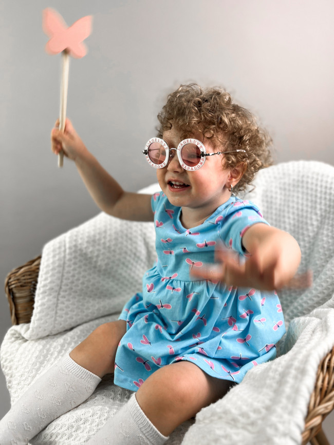 Платье с коротким рукавом, голубое, Стрекозы Платье с коротким рукавом, голубое, Стрекозы