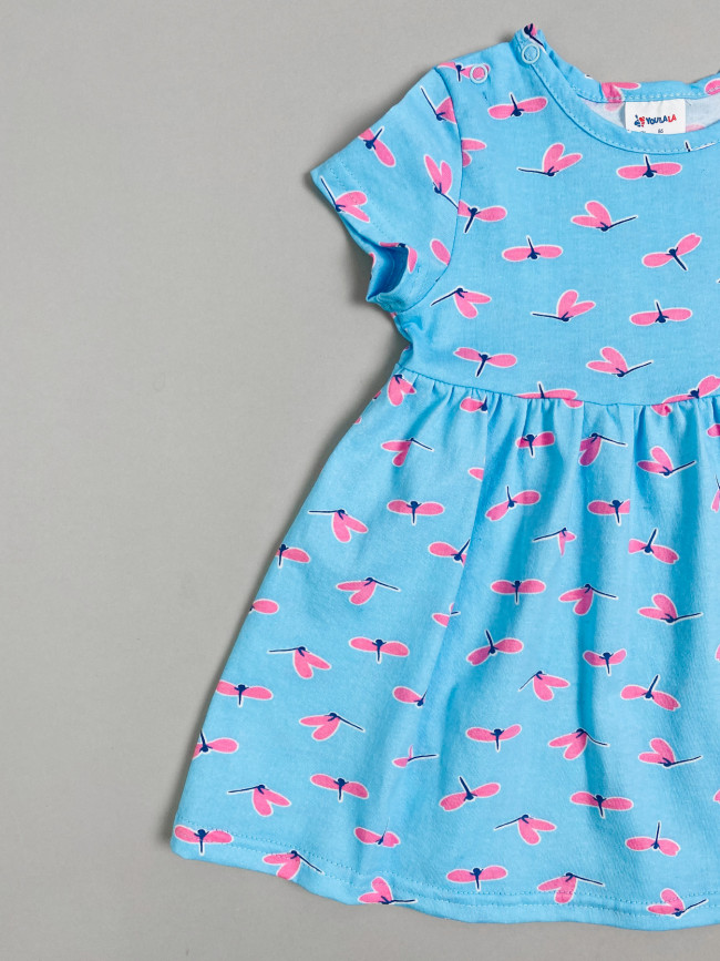 Платье с коротким рукавом, голубое, Стрекозы Платье с коротким рукавом, голубое, Стрекозы