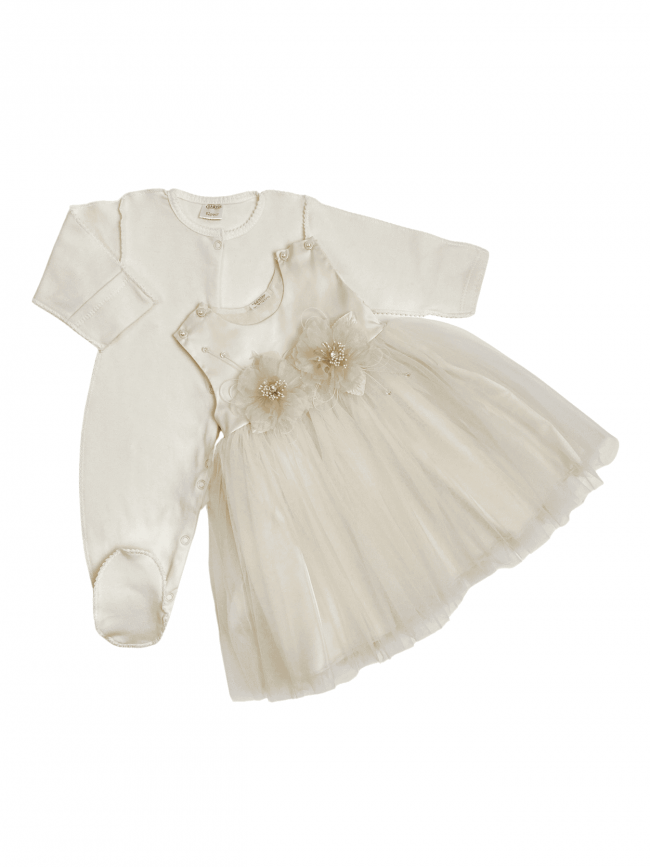 Нарядный комплект для девочки: комбинезон с платьем, айвори, Мадемуазель Нарядный комплект для девочки: комбинезон с платьем, айвори, Мадемуазель