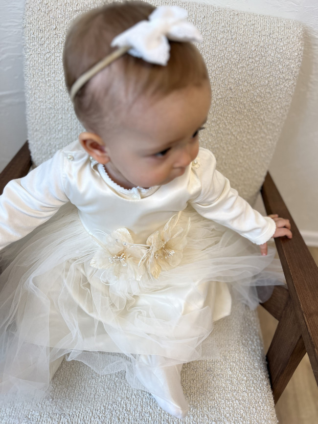 Нарядный комплект для девочки: комбинезон с платьем, айвори, Мадемуазель