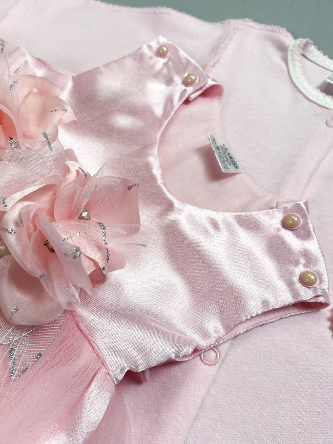 Нарядный комплект для девочки: комбинезон с платьем, розовый, Магнолия Нарядный комплект для девочки: комбинезон с платьем, розовый, Магнолия