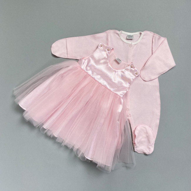 Нарядный комплект для девочки: комбинезон с платьем, розовый, Магнолия Нарядный комплект для девочки: комбинезон с платьем, розовый, Магнолия
