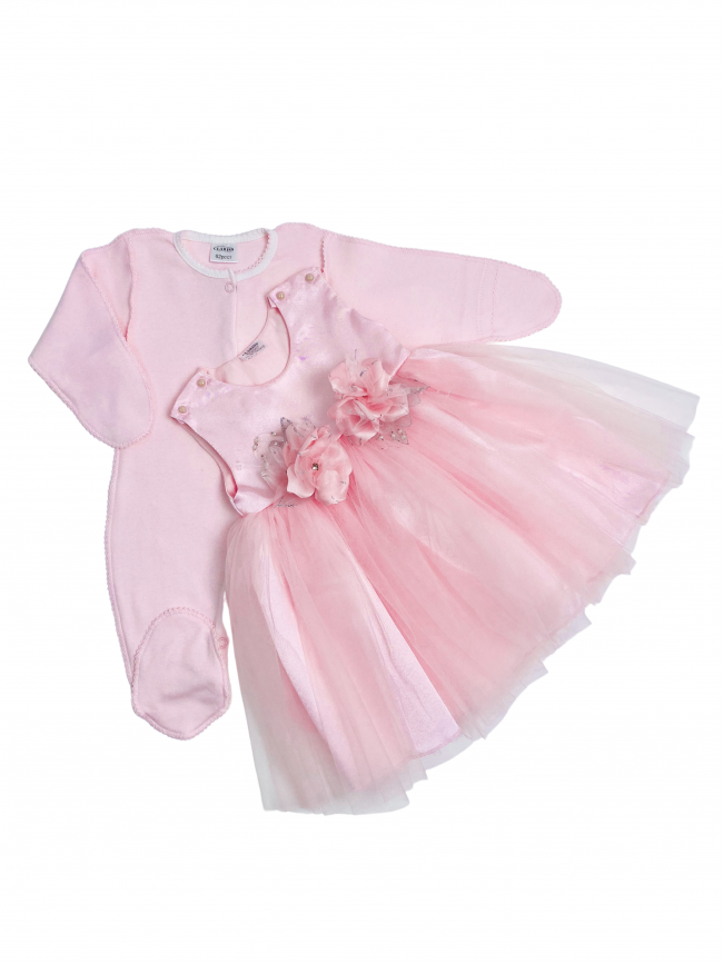 Нарядный комплект для девочки: комбинезон с платьем, розовый, Магнолия Нарядный комплект для девочки: комбинезон с платьем, розовый, Магнолия