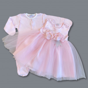 Нарядный комплект для девочки: комбинезон с платьем, розовый, Магнолия