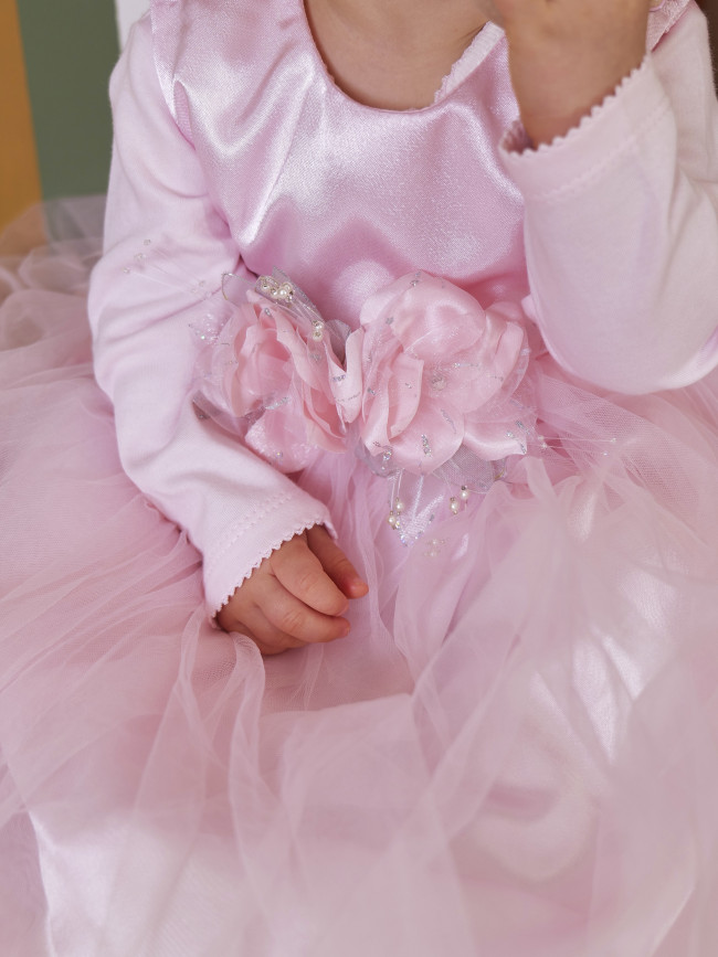 Нарядный комплект для девочки: комбинезон с платьем, розовый, Магнолия Нарядный комплект для девочки: комбинезон с платьем, розовый, Магнолия