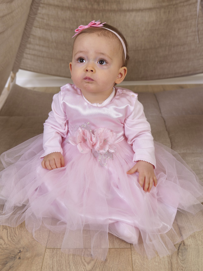 Нарядный комплект для девочки: комбинезон с платьем, розовый, Магнолия Нарядный комплект для девочки: комбинезон с платьем, розовый, Магнолия