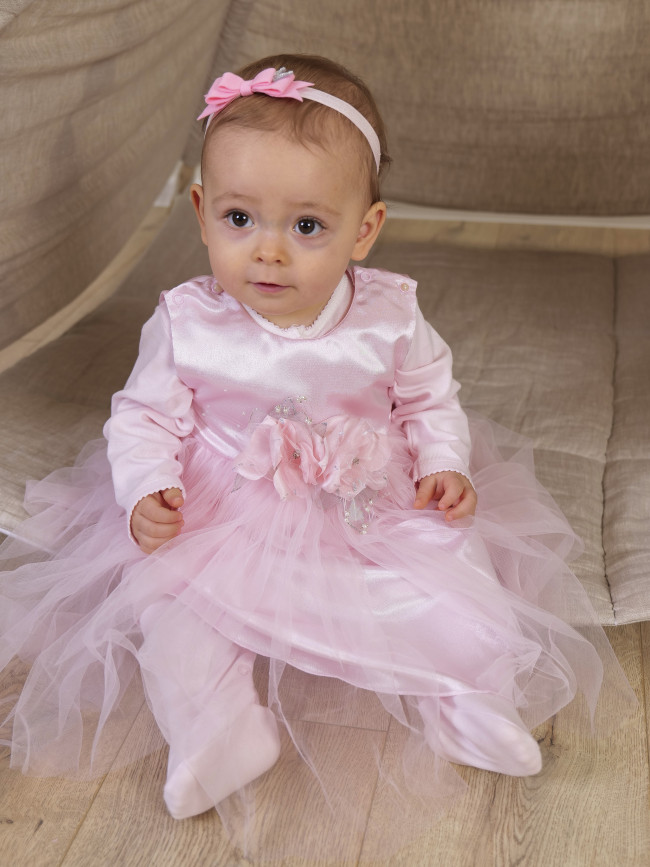 Нарядный комплект для девочки: комбинезон с платьем, розовый, Магнолия Нарядный комплект для девочки: комбинезон с платьем, розовый, Магнолия