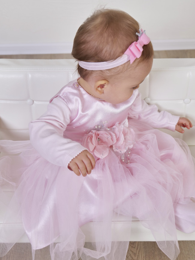 Нарядный комплект для девочки: комбинезон с платьем, розовый, Магнолия Нарядный комплект для девочки: комбинезон с платьем, розовый, Магнолия