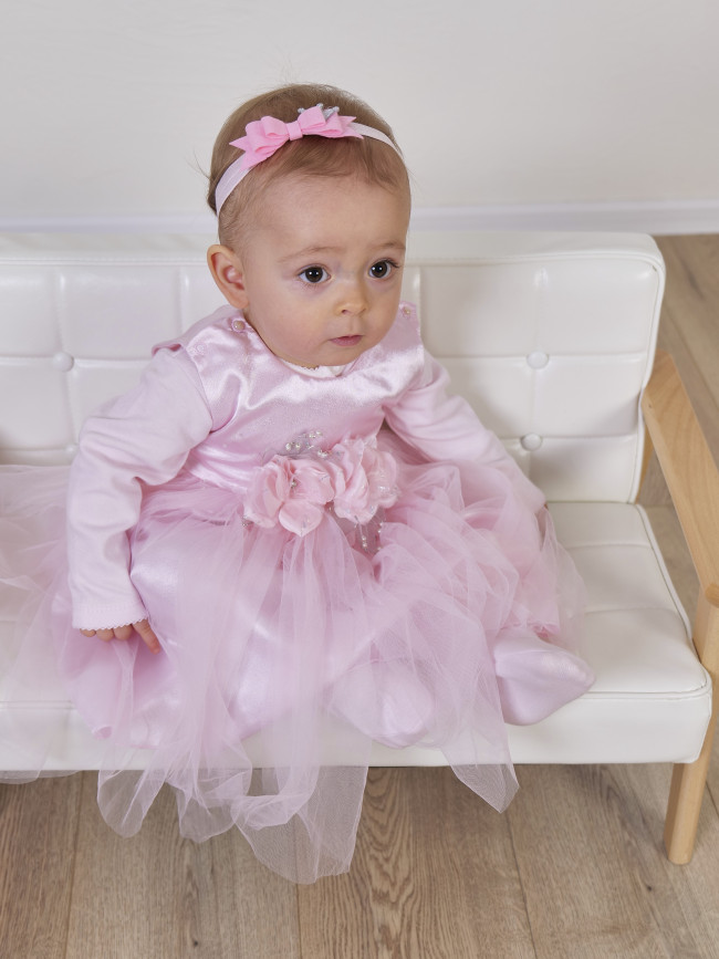 Нарядный комплект для девочки: комбинезон с платьем, розовый, Магнолия Нарядный комплект для девочки: комбинезон с платьем, розовый, Магнолия