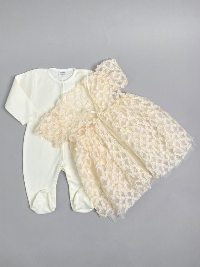 Нарядный комплект для девочки: комбинезон с пеньюаром, айвори, Ажурная клетка Нарядный комплект для девочки: комбинезон с пеньюаром, айвори, Ажурная клетка