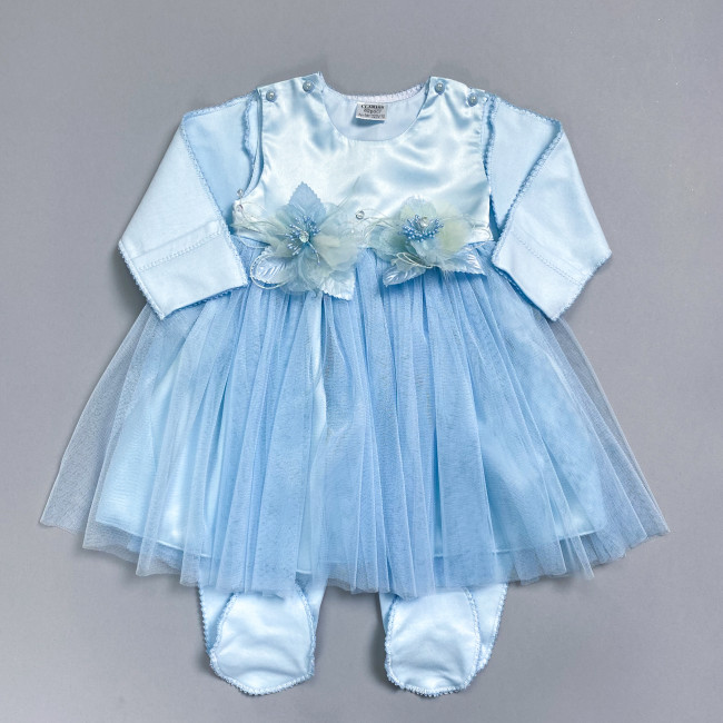 Нарядный комплект для девочки: комбинезон с платьем, голубой, Мадемуазель Нарядный комплект для девочки: комбинезон с платьем, голубой, Мадемуазель