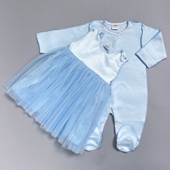 Нарядный комплект для девочки: комбинезон с платьем, голубой, Мадемуазель Нарядный комплект для девочки: комбинезон с платьем, голубой, Мадемуазель