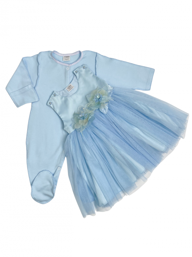 Нарядный комплект для девочки: комбинезон с платьем, голубой, Мадемуазель Нарядный комплект для девочки: комбинезон с платьем, голубой, Мадемуазель