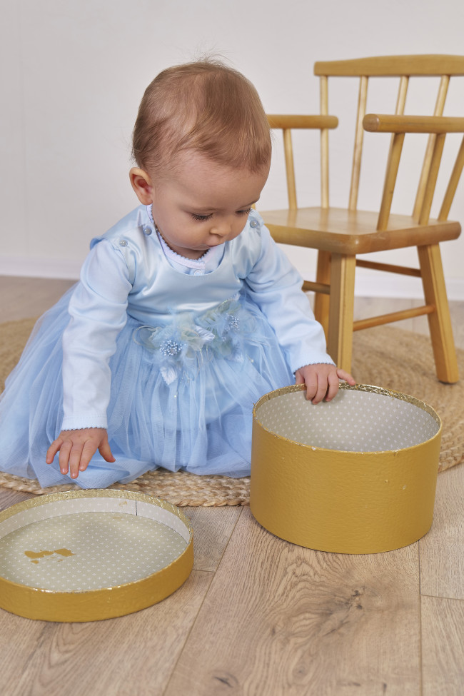 Нарядный комплект для девочки: комбинезон с платьем, голубой, Мадемуазель Нарядный комплект для девочки: комбинезон с платьем, голубой, Мадемуазель