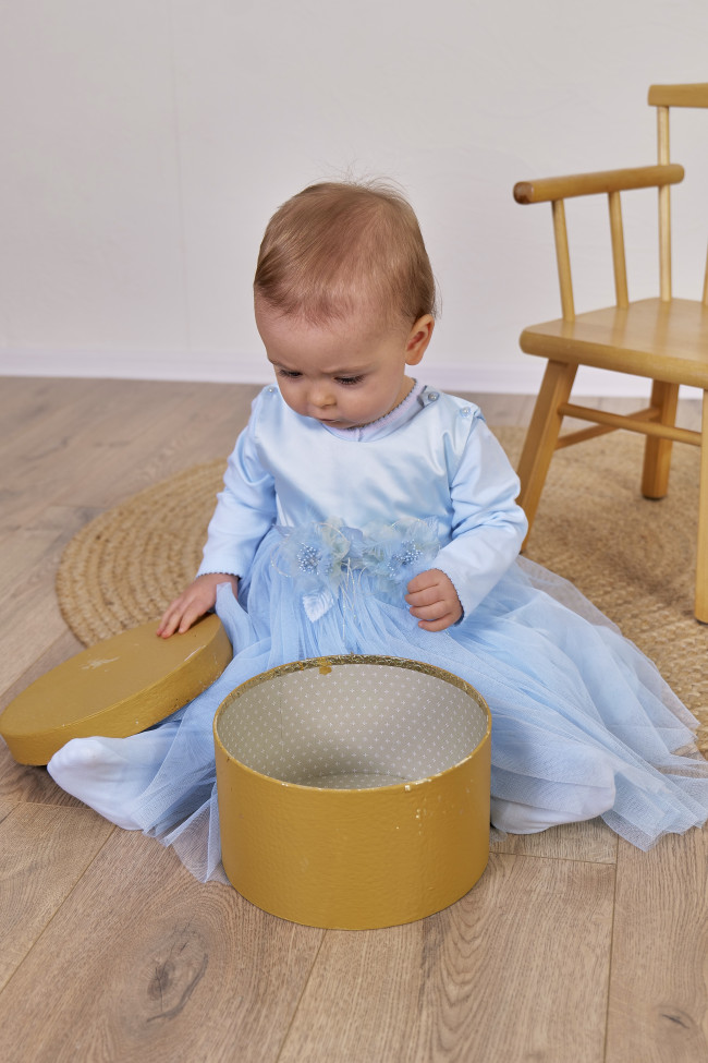 Нарядный комплект для девочки: комбинезон с платьем, голубой, Мадемуазель Нарядный комплект для девочки: комбинезон с платьем, голубой, Мадемуазель