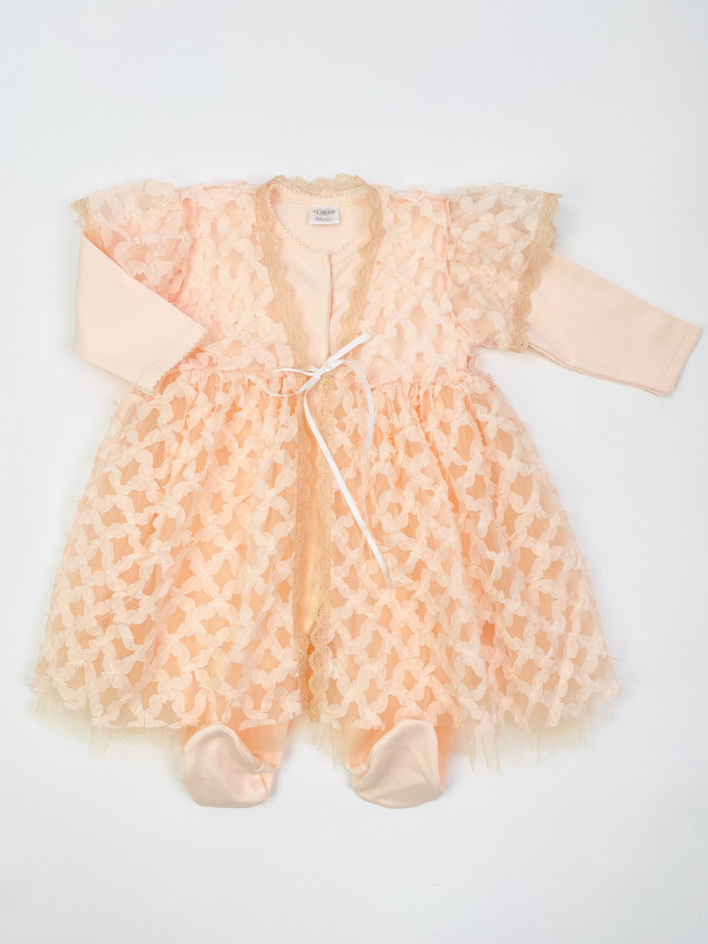 Нарядный комплект для девочки: комбинезон с пеньюаром, персиковый, Ажурная клетка Нарядный комплект для девочки: комбинезон с пеньюаром, персиковый, Ажурная клетка