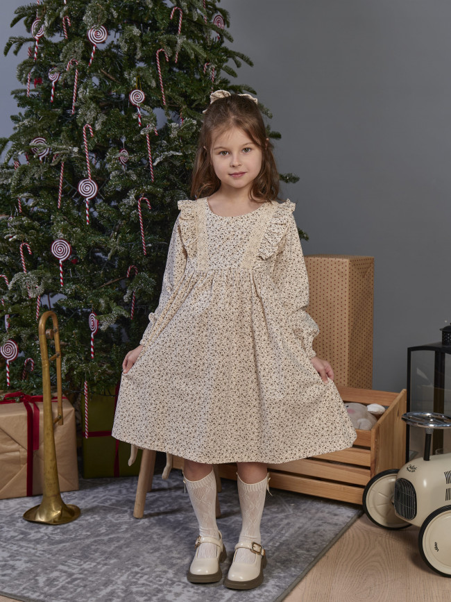 Платье для девочки с длинным рукавом, Листик, молочное с бантом для волос