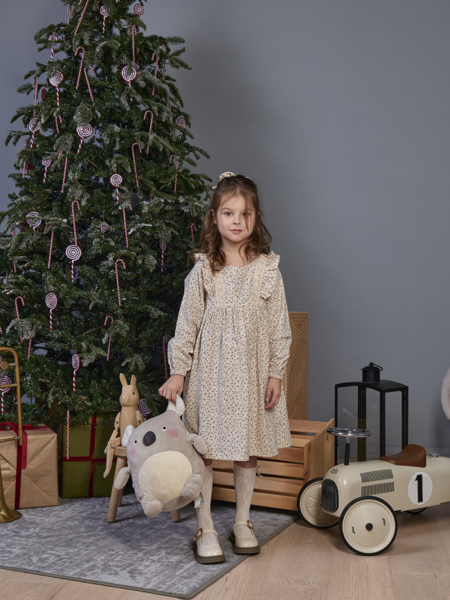 Платье для девочки с длинным рукавом, Листик, молочное с бантом для волос