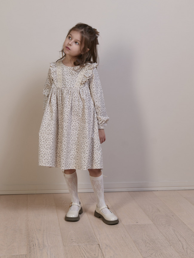 Платье для девочки с длинным рукавом, Листик, молочное с бантом для волос