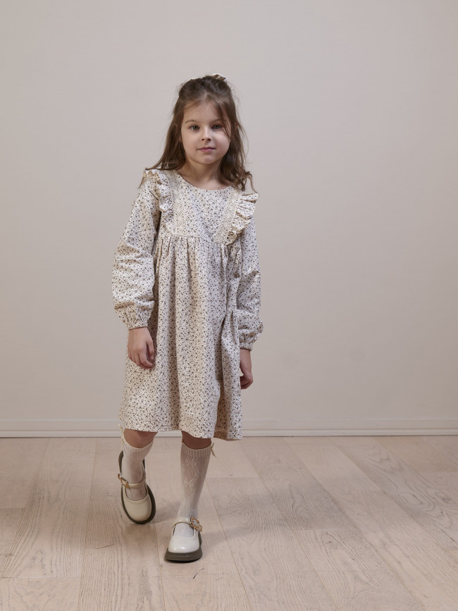 Платье для девочки с длинным рукавом, Листик, молочное с бантом для волос