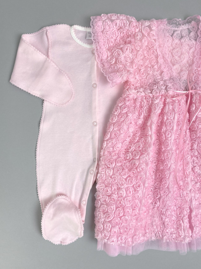 Нарядный комплект для девочки: комбинезон с пеньюаром, розовый, Цветочная фантазия