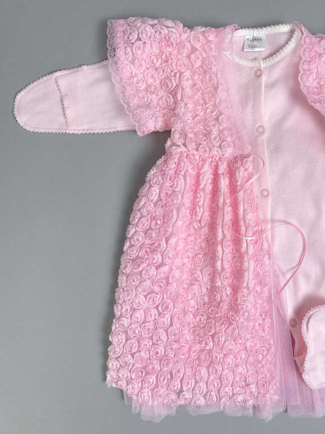Нарядный комплект для девочки: комбинезон с пеньюаром, розовый, Цветочная фантазия