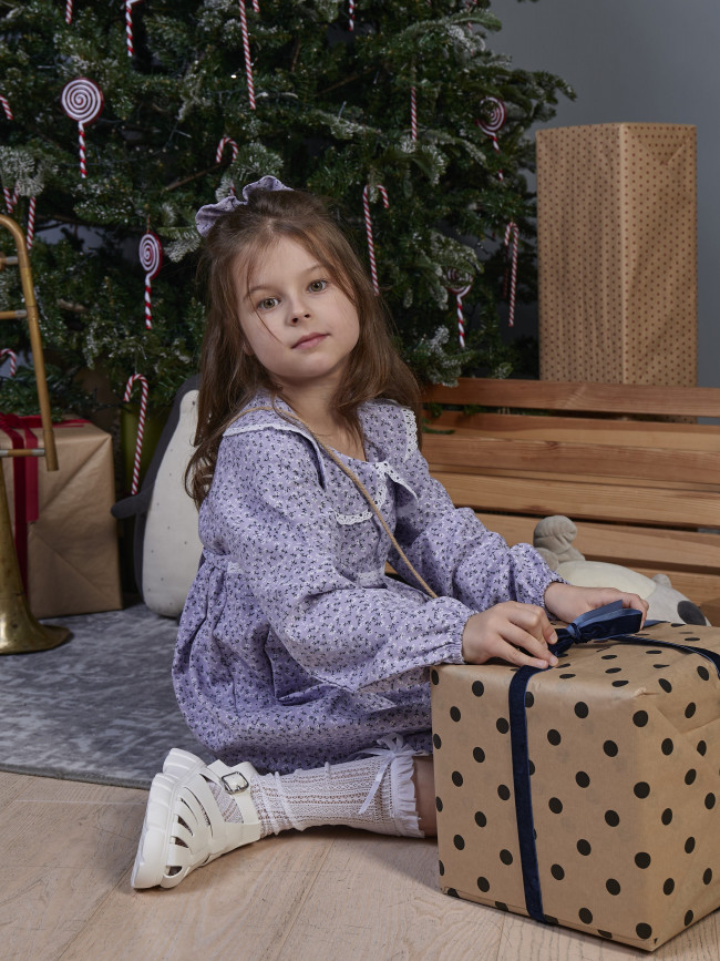 Платье для девочки с длинным рукавом, Василек с бантом для волос