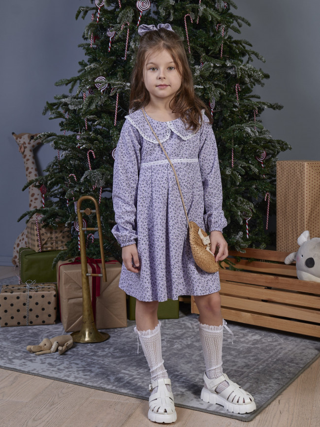 Платье для девочки с длинным рукавом, Василек с бантом для волос