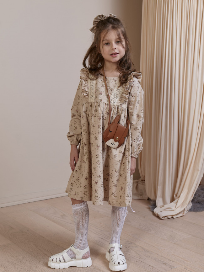 Платье для девочки с длинным рукавом,  Букет, бежевое с бантом для волос