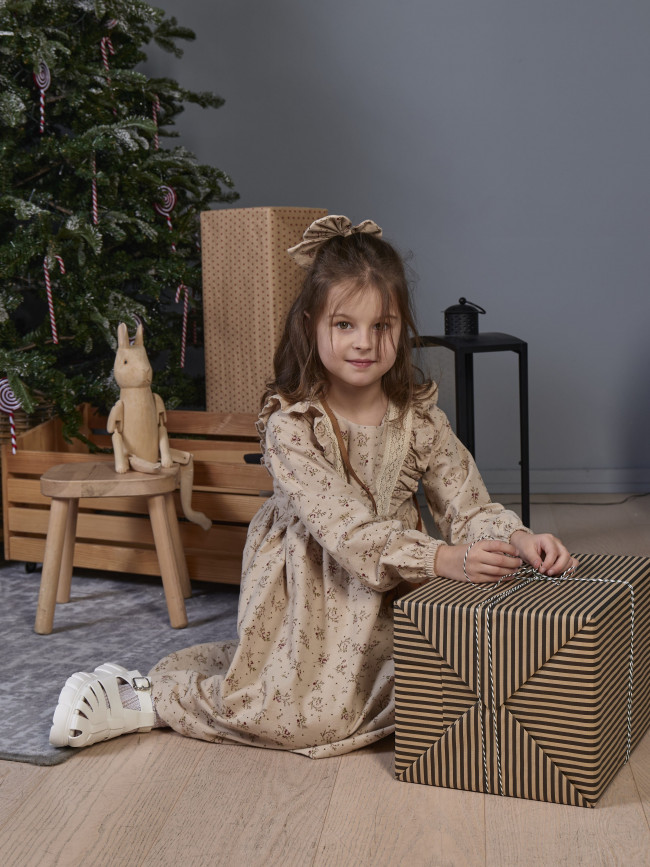 Платье для девочки с длинным рукавом,  Букет, бежевое с бантом для волос