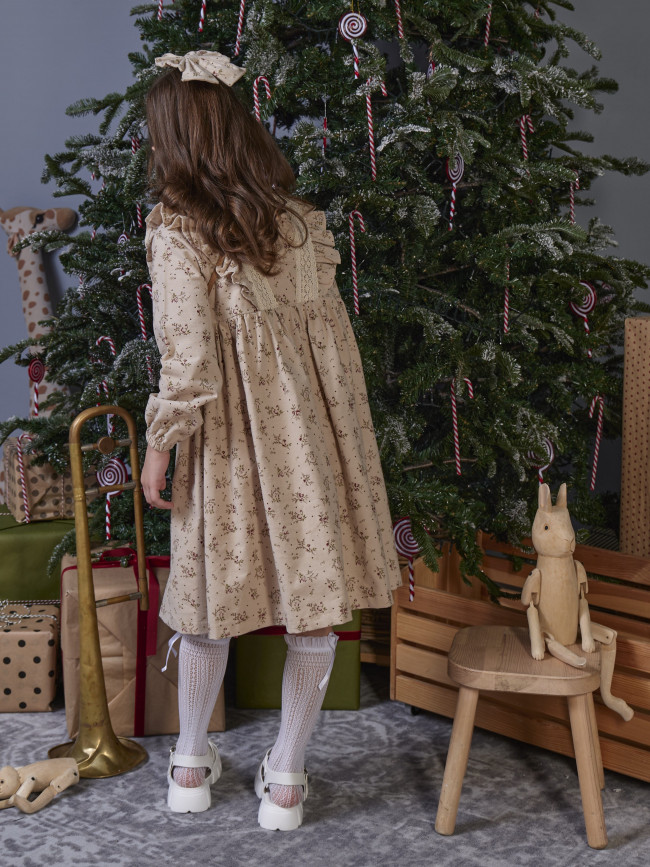 Платье для девочки с длинным рукавом,  Букет, бежевое с бантом для волос