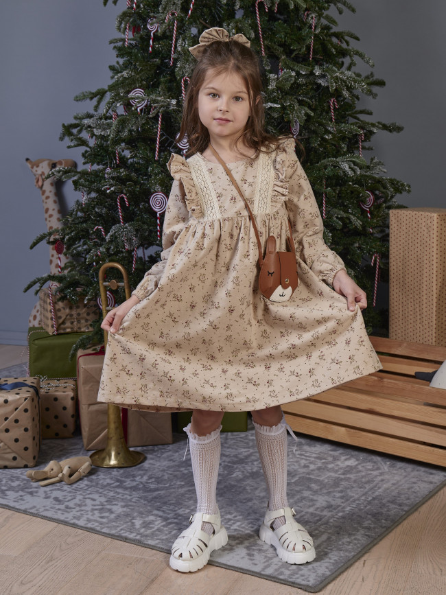 Платье для девочки с длинным рукавом,  Букет, бежевое с бантом для волос