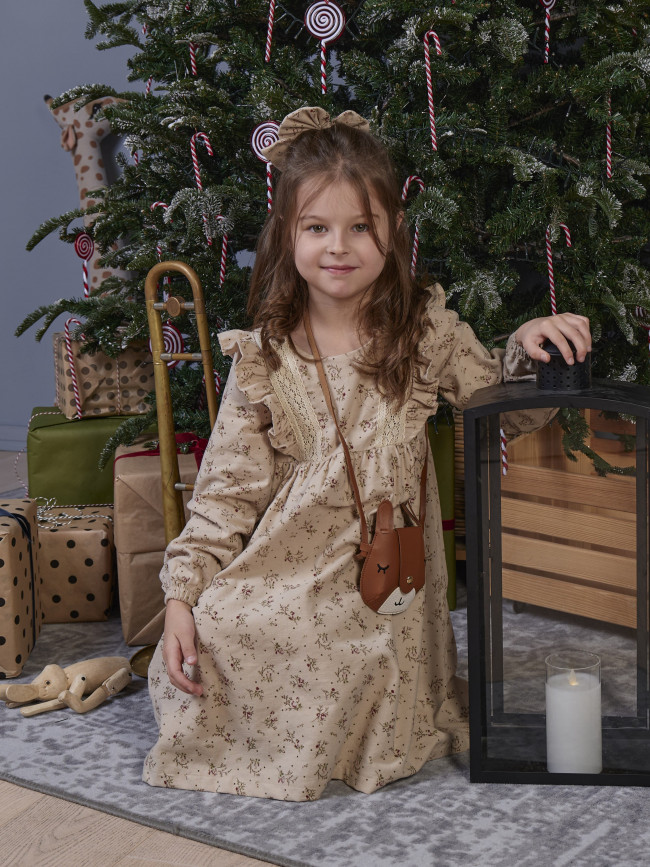 Платье для девочки с длинным рукавом,  Букет, бежевое с бантом для волос