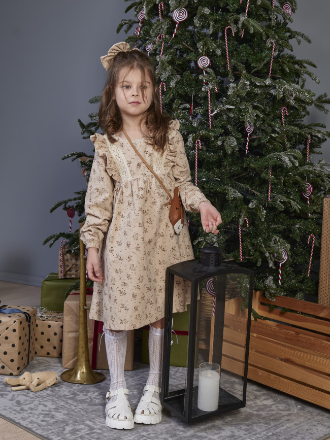 Платье для девочки с длинным рукавом,  Букет, бежевое с бантом для волос