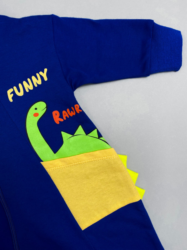 Комбинезон детский с начесом, синий, Забавный динозавр