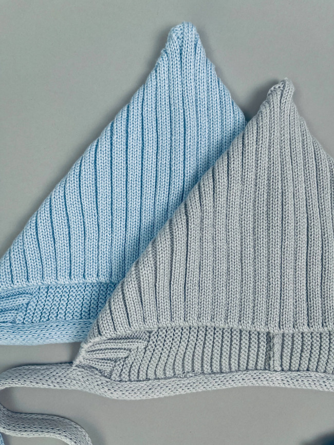 Комплект детских вязаных шапок на завязках для мальчиков, Гномик, голубой, серый 2 шт