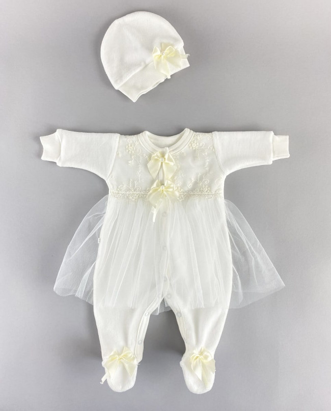 Комбинезон с шапкой и юбкой, молочный, Велюр