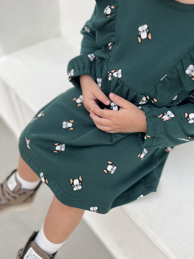 Платье с длинным рукавом, зеленое, Собачки