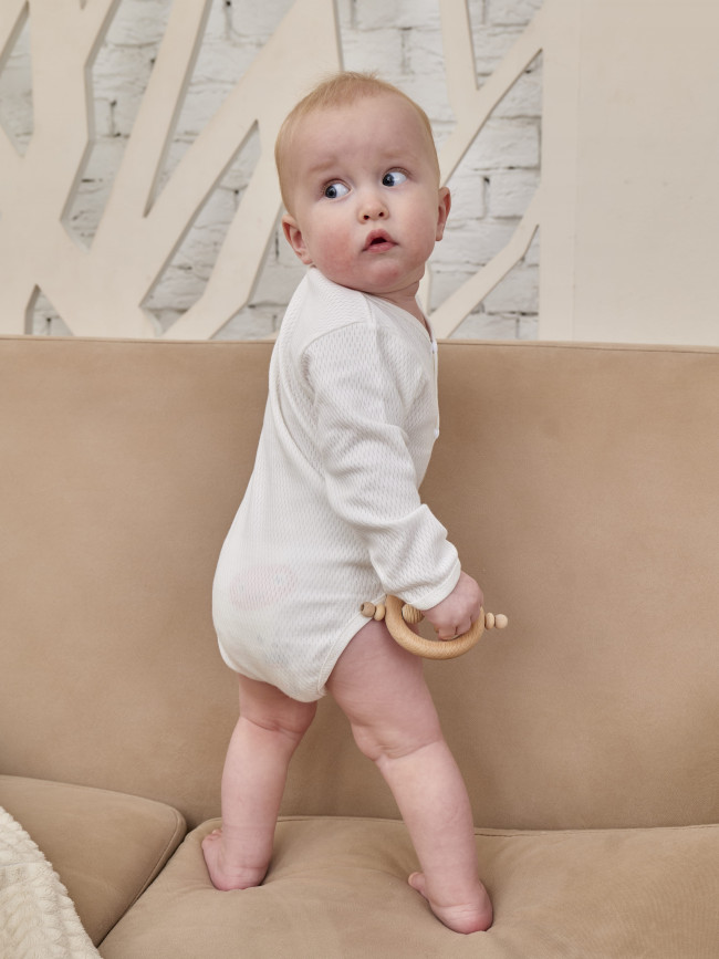 Боди детское с длинным рукавом, Вафелька, белое