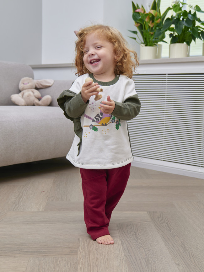 Джемпер лонгслив с начесом для девочки Птичка на ветке, белый